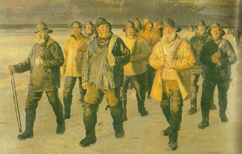 Michael Ancher fiskere vender hjem fra nordstranden i aftensol oil painting picture